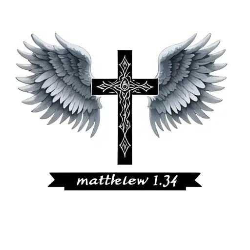 simple cross with wings coming out the back and the bible verse "matthew 6:34" tattoo design idea