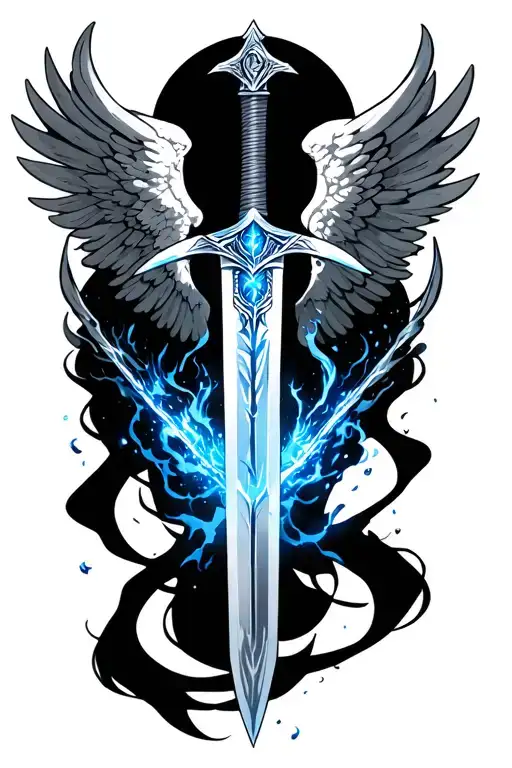 Three floating swords (Archangel Michael–inspired, with anime flair like Black Clover)Blue divine aura around the biceps tattoo design idea
