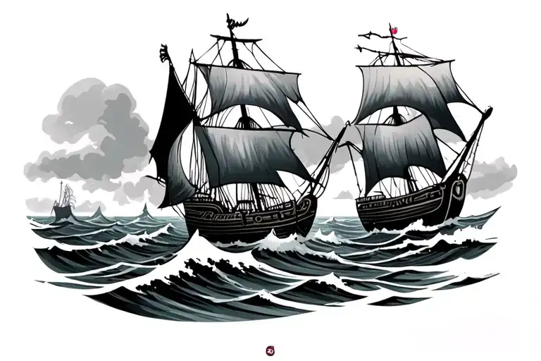 vikings sail in sea waves tattoo design idea