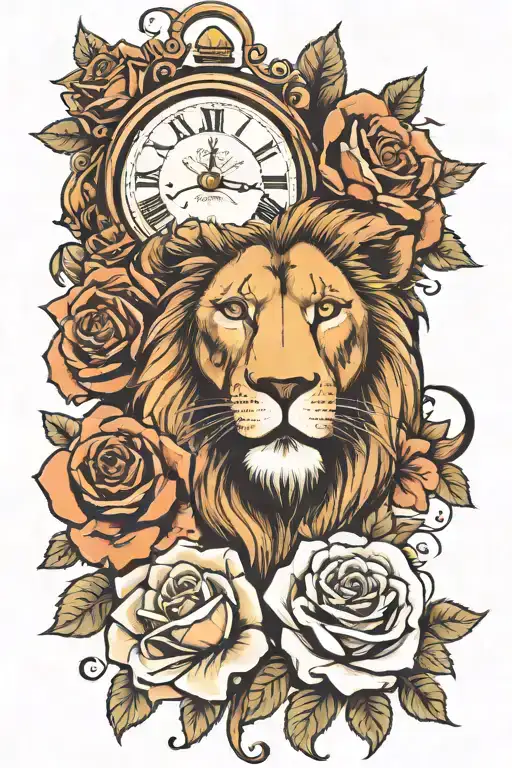 lion head and roses with a clock tattoo design idea