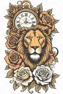 lion head and roses with a clock tattoo design idea