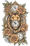lion head and roses with a clock tattoo design idea