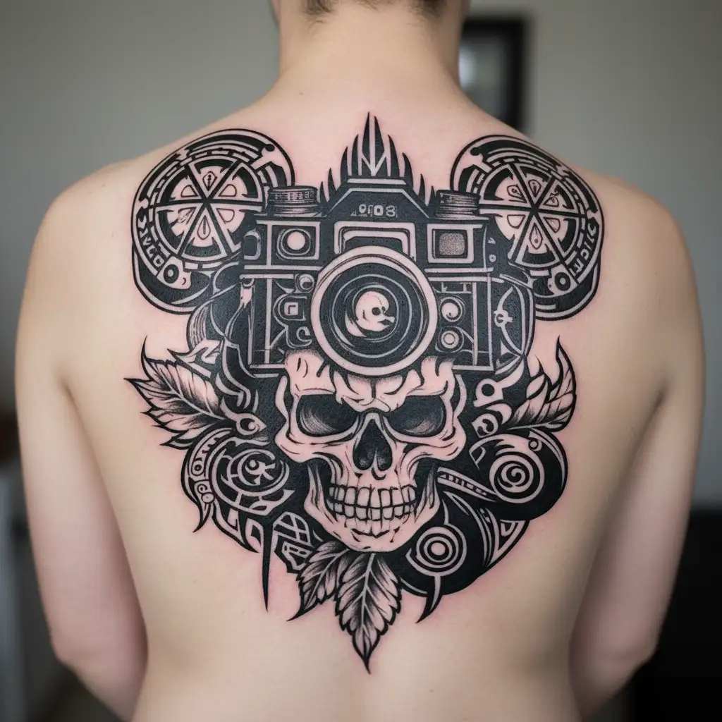skull and camera tattoo design idea