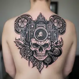 skull and camera tattoo design idea