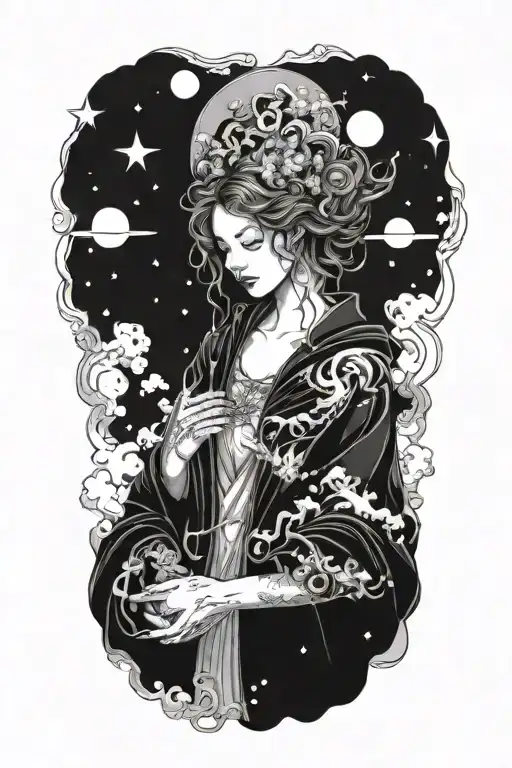 heaven opening her coat to reveal hidden galaxies tattoo design idea