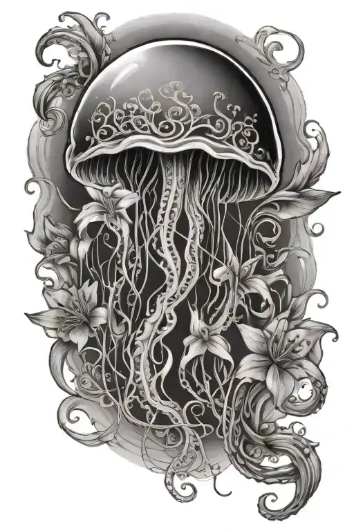 jelly fish and lily flowers tattoo design idea