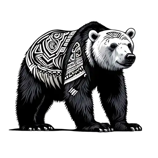 Black and grey polar bear with abstract tribal Polynesian and Nordic patterns, designed to wrap shoulder, bicep, and che tattoo design idea