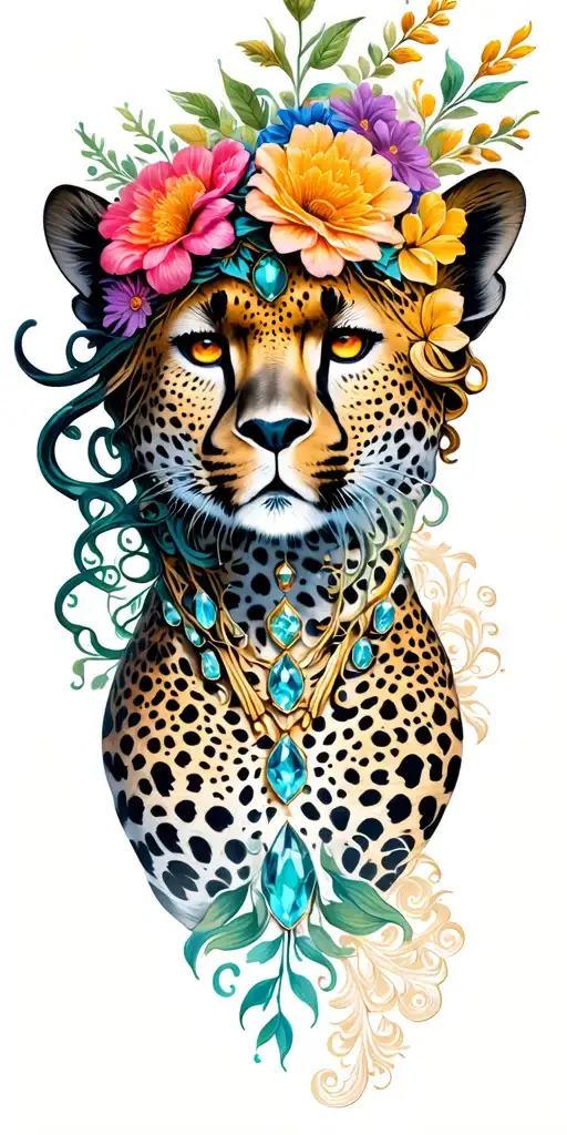 floral cheetah jewels Medusa Phoniex tattoo design idea