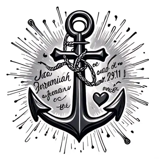 A mix of an anchor with Bible verse Jeremiah 29:11 a cross, a heart, infinity sign and semi colon  tattoo design idea