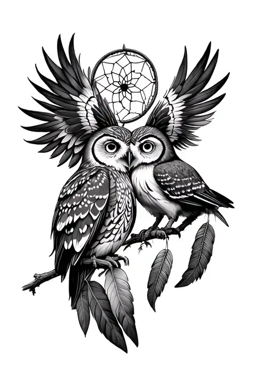 native american and dream catcher and owls representing the bond tattoo design idea