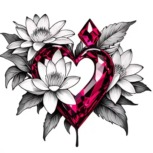 larkspur & water lily with ruby crystal heart intertwined tattoo design idea