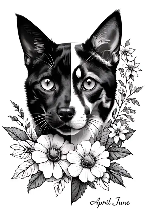 half face of cat and half face of dog with names and April and June birth flowers tattoo design idea