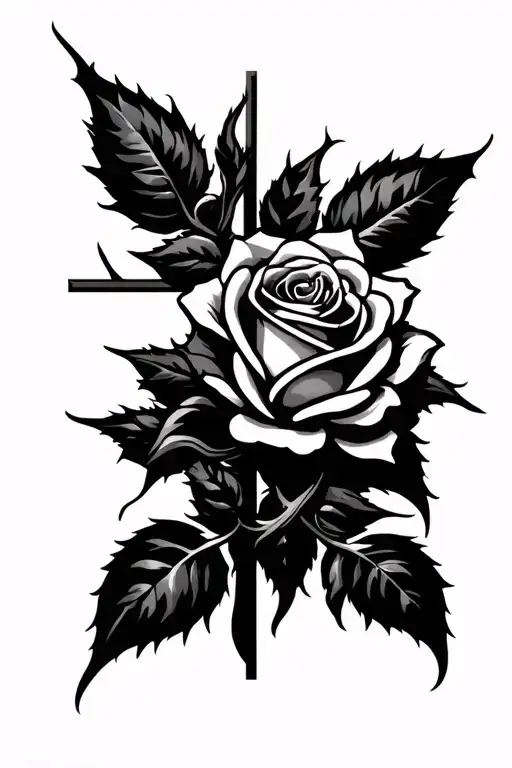 A minimalist cross with a thorny rose wrapping around it, symbolizing both the beauty and suffering of faith. tattoo design idea