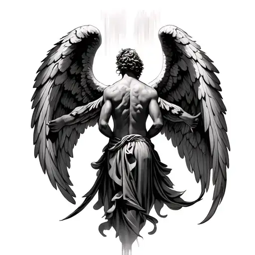 A large, masculine angel tattoo design for the full back. The angel has wide, powerful wings spread across the back in a tattoo design idea