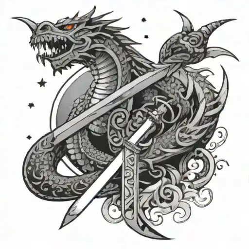 filipino sword with the bakunawa(the moon eater dragon) wrapped around it and glowin moon upbove with stars surrounding  tattoo design idea