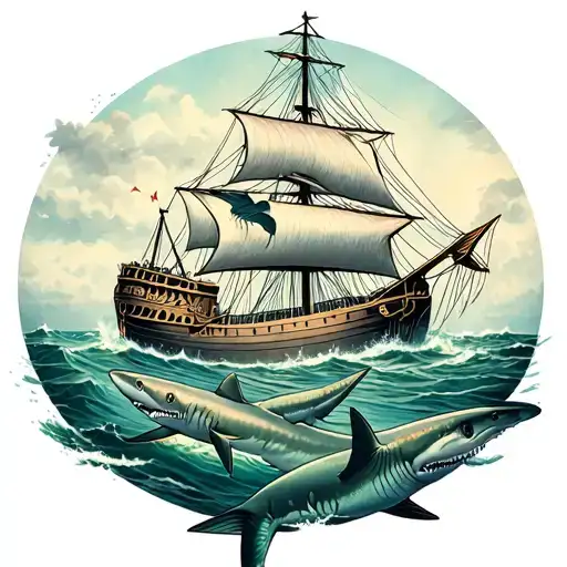 Sharks swimming around sunken sail ship with mermaids tattoo design idea