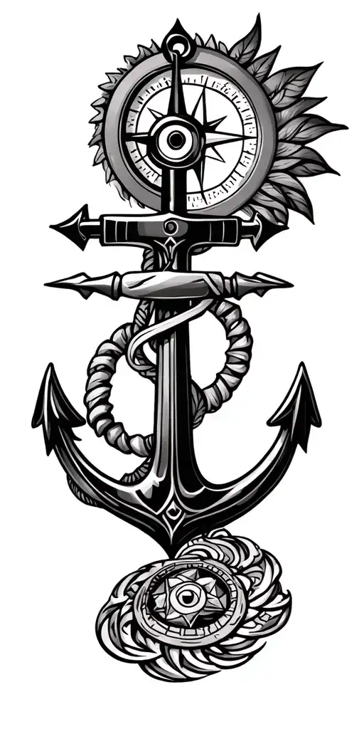 compass with anchor Surrounded by maori  tattoo design idea