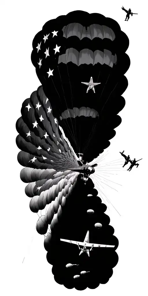 c130 flying with 20 paratroopers jumping. US flag as background. Include british, german, and US airborne wings. tattoo design idea