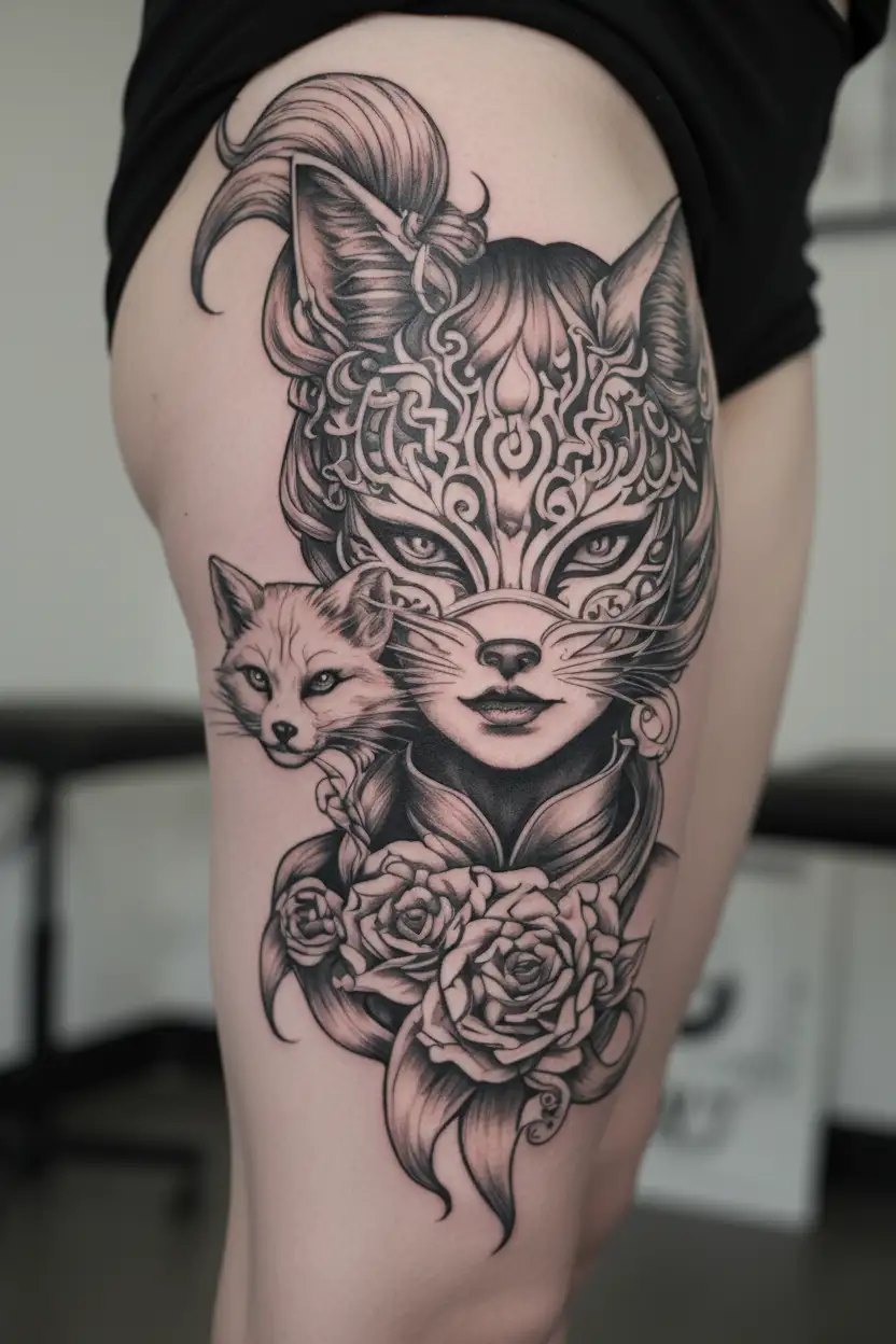 Kitsune girl with mask   tattoo design idea