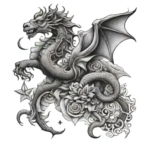 stars, aries, dainty, lotus, dragon tattoo design idea