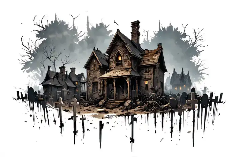 post apocalyptic town with graveyard  tattoo design idea