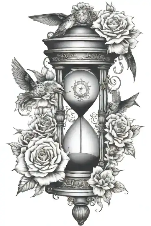 Hourglass, carnations, roses, hummingbirds, pocket watch tattoo design idea