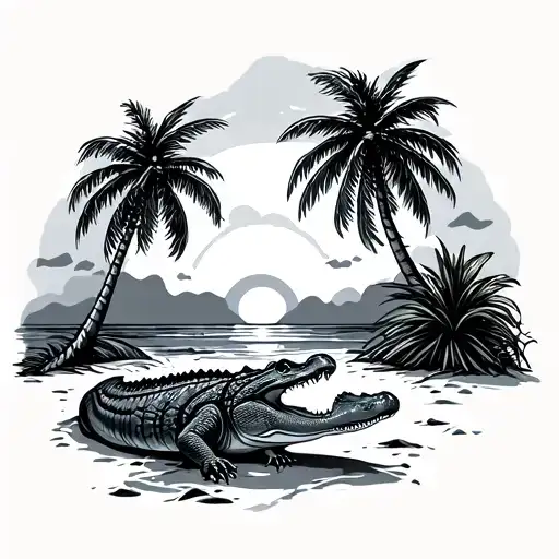 Alligator next to palm trees on a beach sunset tattoo design idea