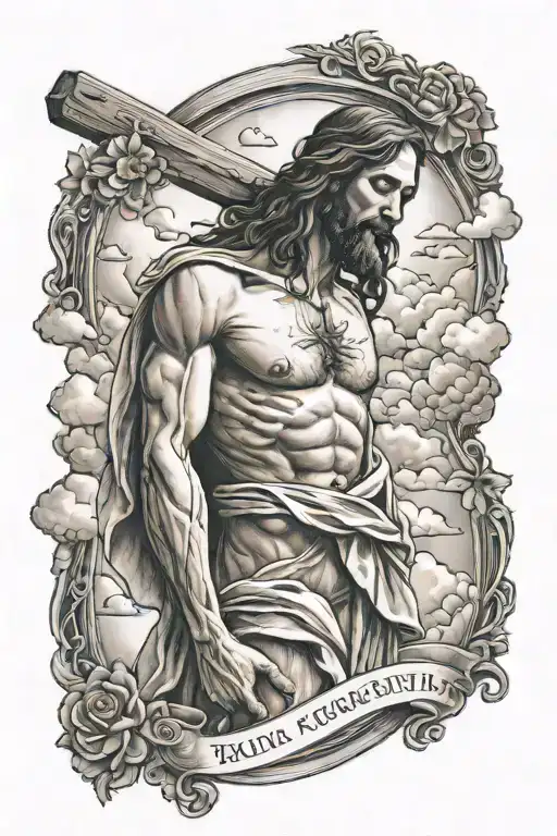 jesus christ crucified and baby angel and quotes about honesty and clouds tattoo design idea
