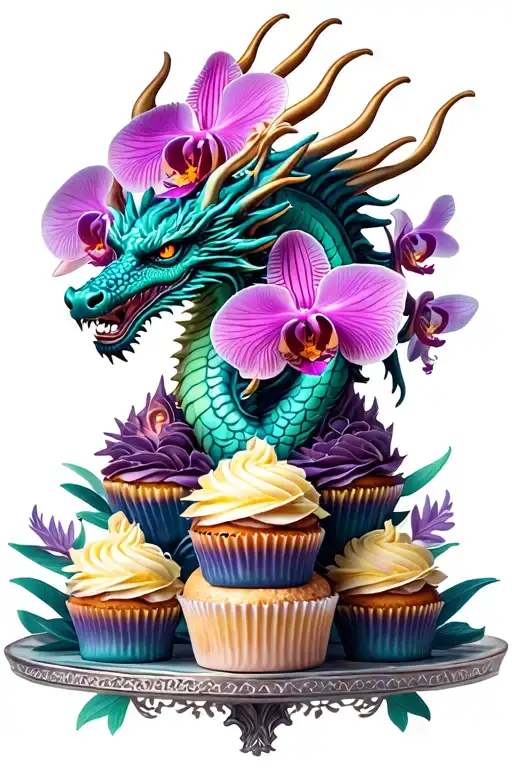 Dragon themed cupcake tower with intricate orchid decorations tattoo design idea