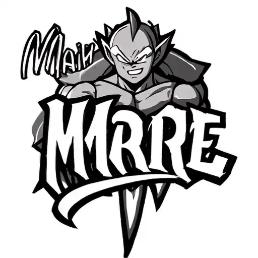 MAJIN M with letter arie in cursive font following next to it spelling out MARIE but with a MAJIN M from dragon ball Z  tattoo design idea
