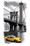nyc skyline with Brooklyn bridge. yellow taxi and police car on bridge. sleeve tattoo tattoo design idea