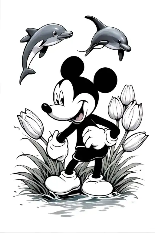 medium mickey mouse on grass with tulips and dolphins jumping out of the water in the background tattoo design idea