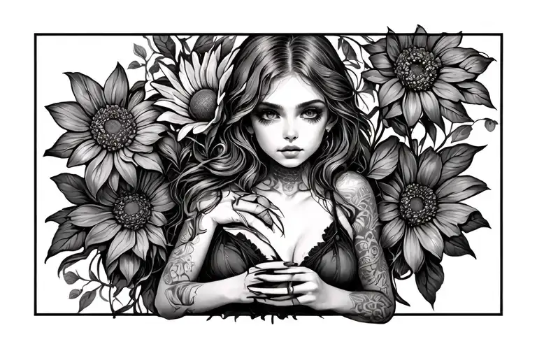 sexy pale girl wearing little clothing holding flower a flower in her hands tattoo design idea