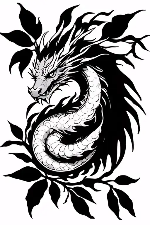 dragon in a lemon tree branch tattoo design idea