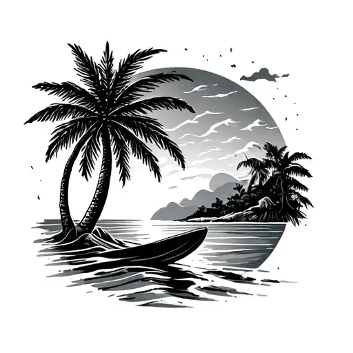Surf sunset palm tree tattoo design idea