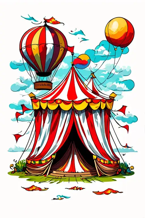 red and white circus tent and a hot air balloon with lots of color saturation tattoo design idea