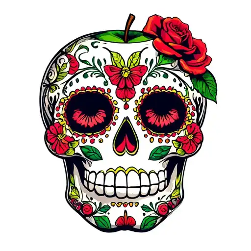 sugar skull colored like a Granny Smith apple tattoo design idea