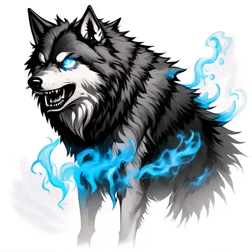 A evil wolf realistic make the eyes glowing blue and make it angry like its smiling with blue fog at the back tattoo design idea