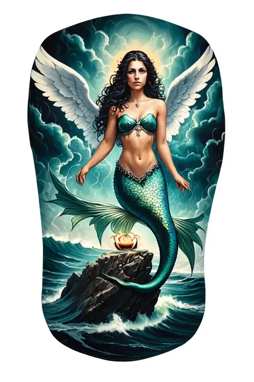 A detailed tattoo design of a gothic but angelic mermaid, lifting herself up onto a jagged rock in the middle of a storm tattoo design idea