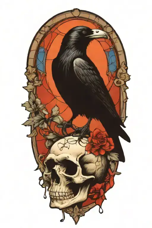 Raven perched on skull with stain glass window background tattoo design idea