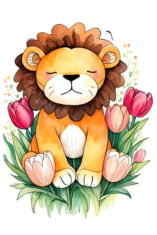 stuffed animal lion sleeping. surrounded by tulips. THICK black lines. flowers not attached tattoo design idea