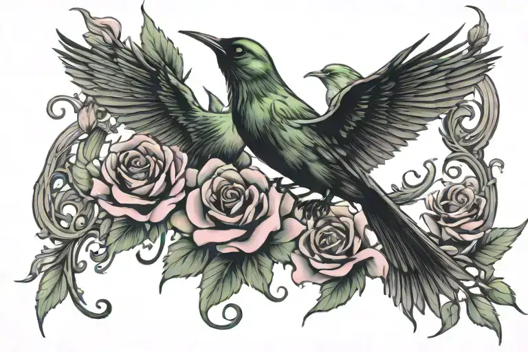 Defying gravity Wicked pink and green flowers birds tattoo design idea