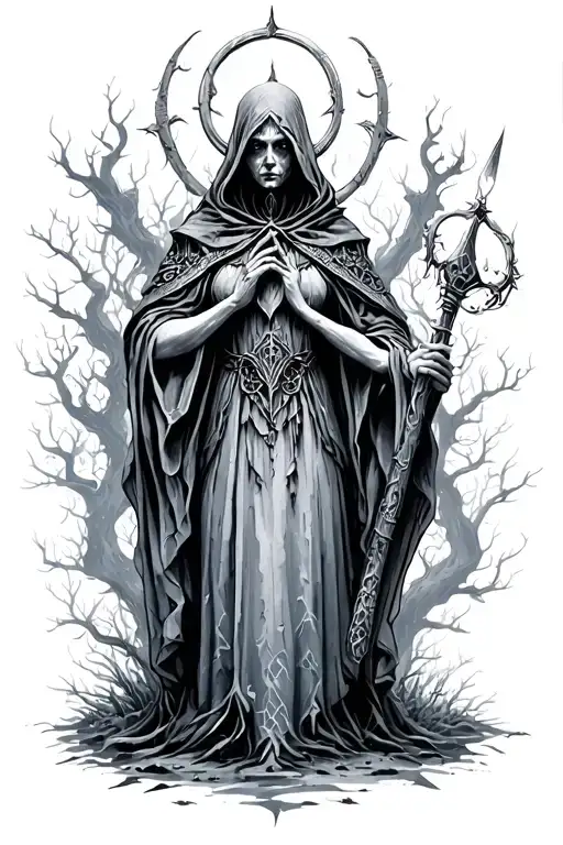 The Warden she is an ancient, non-human, solemn figure that emerges from the fog to watch over memories, loss.  tattoo design idea