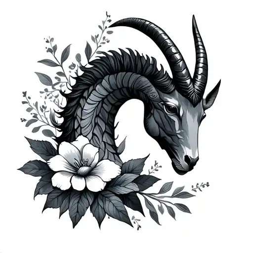 Capricorn and flowers  tattoo design idea