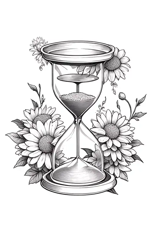 An hourglass surrounded by chrysanthemum flowers tattoo design idea