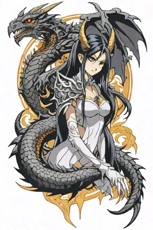 albedo overlord anime with a midevil dragon behind them tattoo design idea