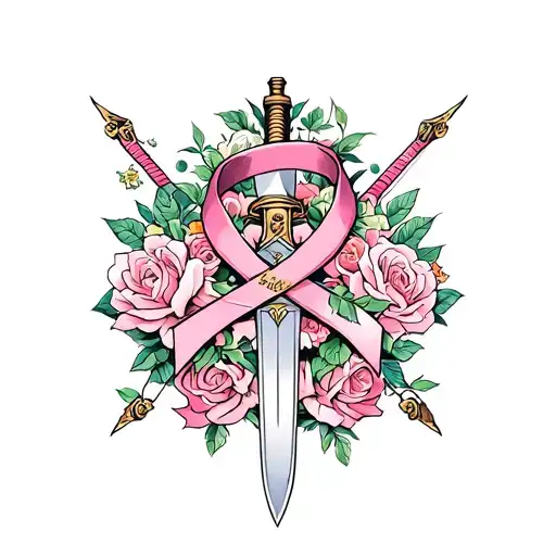Breast cancer ribbon with a sword going through it with roses surrounding tattoo design idea