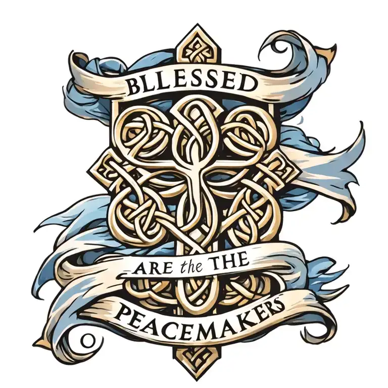 gold celtic cross.  "blessed are the peacemakers" on flowing blue sash draped on cross tattoo design idea