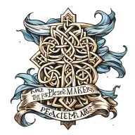 gold celtic cross.  "blessed are the peacemakers" on flowing blue sash draped on cross tattoo design idea