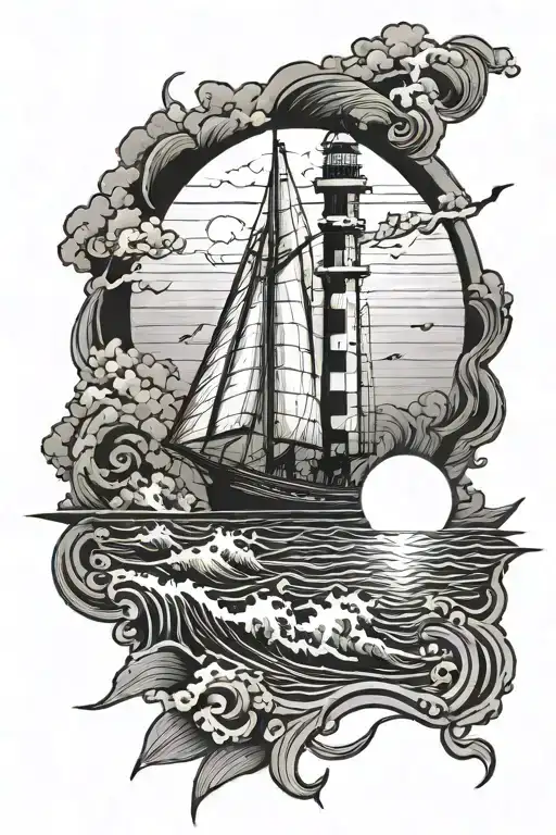 sailboat and lighthouse in a storm  tattoo design idea